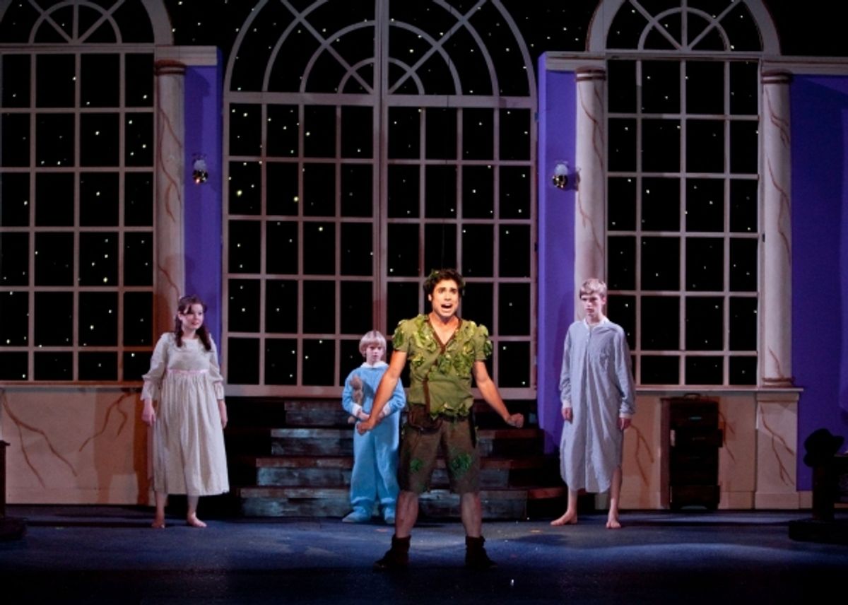John Paul Soto as Peter Pan (foreground) and in background from left to right, Kelly Smith as Wendy, Stephen Sandham as Michael and Lincoln Sandham as John at 